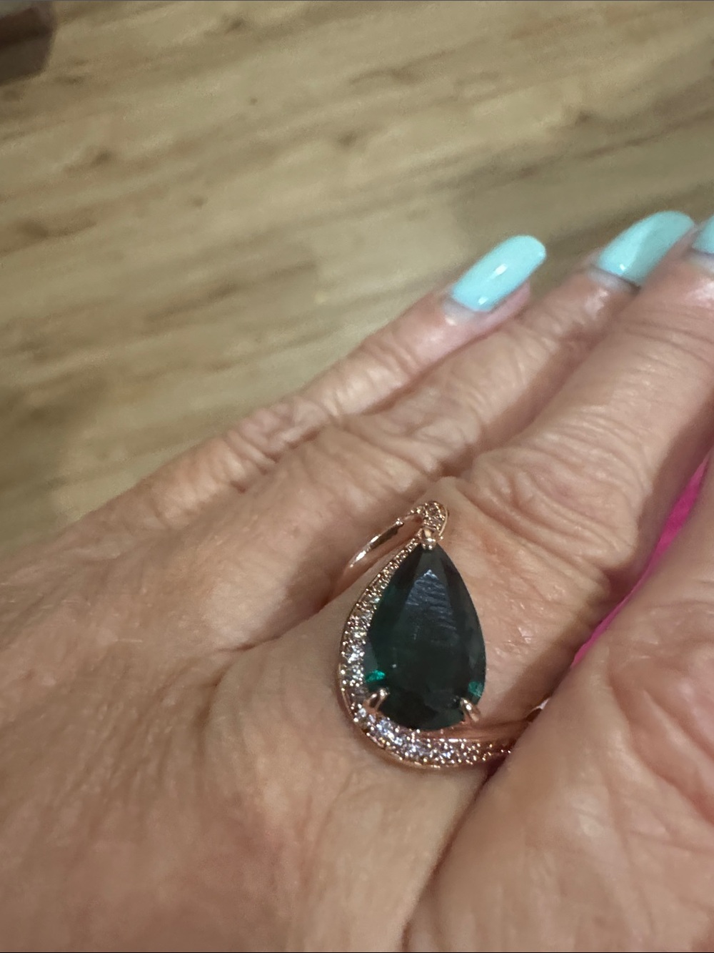 Rose Gold Teardrop Emerald Halo Ring - Elegant Green Stone size 5